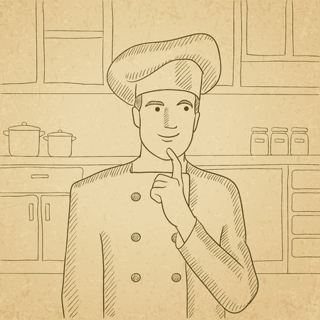 A cheerful chief-cooker in uniform standing in the kitchen and pointing forefinger up. Hand drawn vector sketch illustration. Old paper vintage background.のイラスト素材