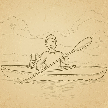 A man canoeing on the river with a skull in hands and some tourist equipment behind him. Hand drawn vector sketch illustration. Old paper vintage background.のイラスト素材