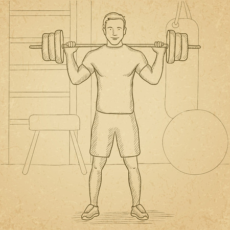 A man lifting a barbell in the gym. Hand drawn vector sketch illustration. Old paper vintage background.のイラスト素材
