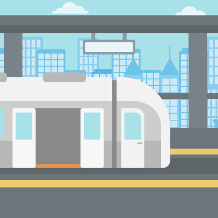 Background of modern train at the station vector flat design illustration. Square layout.のイラスト素材