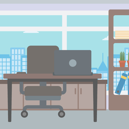 Background of panoramic modern office with city view vector flat design illustration. Square layout.のイラスト素材