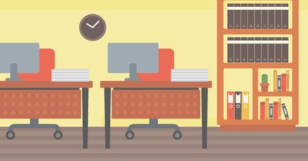 Background of office workplace with computer, table, chair and bookcase vector flat design illustration. Horizontal layout.のイラスト素材