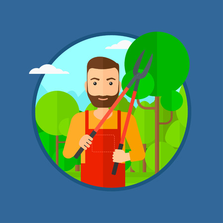 A hipster man with the beard working in the garden with pruner. Vector flat design illustration in the circle on isolated dark blue background.のイラスト素材