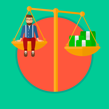 A hipster man with the beard sitting on a scale with stacks of money. Vector flat design illustration in the circle isolated on green background.のイラスト素材