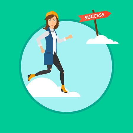 A woman running in the sky near direction sign success. Vector flat design illustration in the circle isolated on green background.のイラスト素材