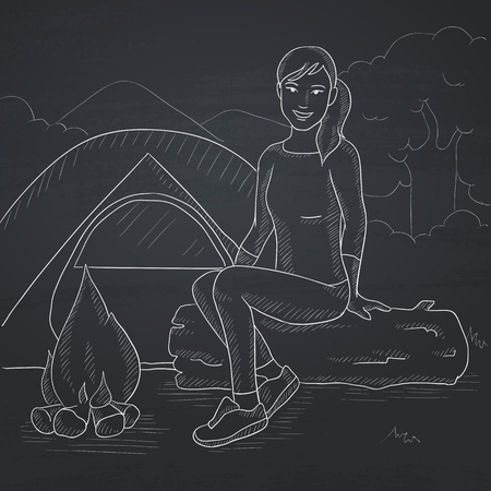 A woman sitting on a log near the fire on the background of camping site with tent. Hand drawn in chalk on a blackboard vector sketch illustration.のイラスト素材