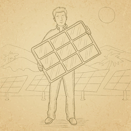 A man holding a solar panel in hands on a background with solar panels. Hand drawn vector sketch illustration. Old paper vintage background.のイラスト素材