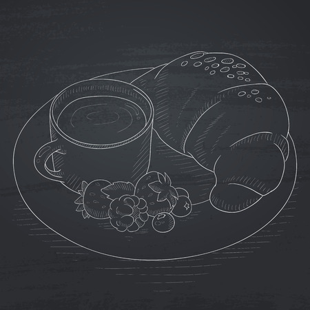Breakfast with cup of coffee, croissant and berries on plate. Breakfast hand drawn in chalk on a blackboard. Breakfast vector sketch illustration.のイラスト素材