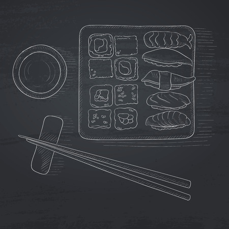 Various kinds of sushi served on a plate. Sushi hand drawn in chalk on a blackboard. Sushi vector sketch illustration.のイラスト素材