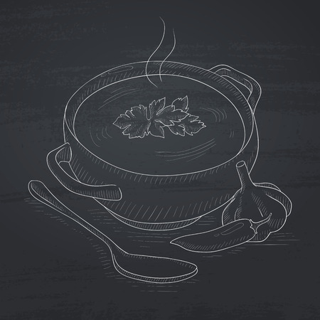 Pot of hot soup. Soup hand drawn in chalk on a blackboard. Soup vector sketch illustration.のイラスト素材