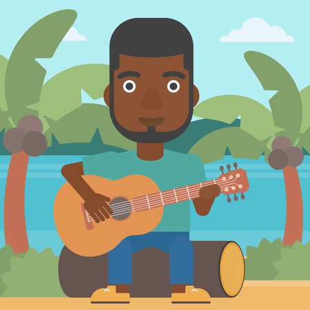 An african-american man sitting on a log and playing a guitar on the background of tropical beach with palm trees and the sea vector flat design illustration. Square layout.のイラスト素材