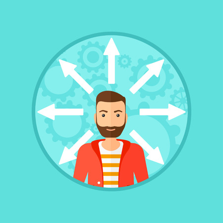 A hipster man with many arrows around his head. Vector flat design illustration in the circle isolated on background.のイラスト素材