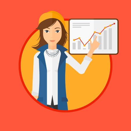A business woman pointing at charts on a board during business presentation. Woman giving a business presentation. Business presentation in progress. Vector flat design illustration in the circle.のイラスト素材