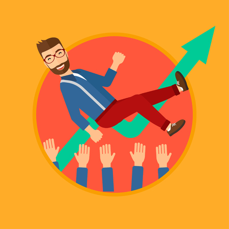 A businessman get thrown into the air by coworkers during celebration. Vector flat design illustration in the circle isolated on background.のイラスト素材