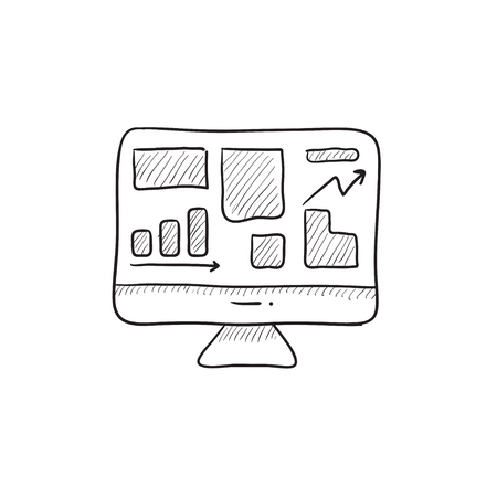 Monitor with business graphs vector sketch icon isolated on background. Hand drawn Monitor with business graphs icon. Monitor with business graphs sketch icon for infographic, website or app.のイラスト素材