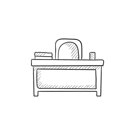 Desk and chair vector sketch icon isolated on background. Hand drawn Desk and chair icon. Desk and chair sketch icon for infographic, website or app.のイラスト素材