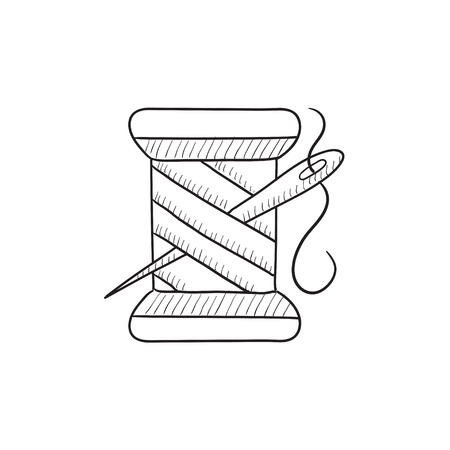 Spool of thread and needle vector sketch icon isolated on background. Hand drawn Spool of thread and needle icon. Spool of thread and needle sketch icon for infographic, website or app.のイラスト素材