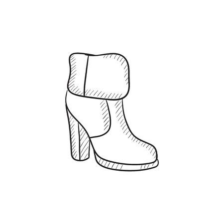 High-heeled ankle boot with fur vector sketch icon isolated on background. Hand drawn High-heeled ankle boot with fur icon. High-heeled ankle boot with fur sketch icon for infographic, website or app.のイラスト素材