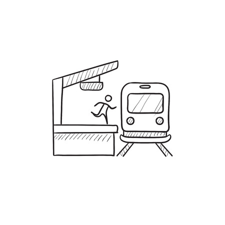 Man running along train station platform vector sketch icon isolated on background. Hand drawn man running along train station platform icon. Latecomer man sketch icon for infographic, website or app.のイラスト素材