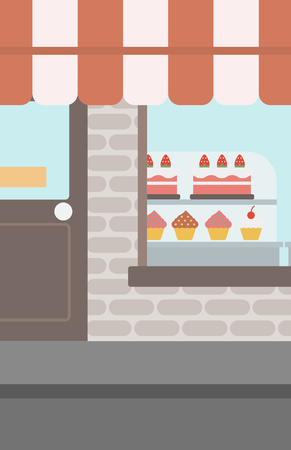 Background of bakery. Display window of bakery shop with variety of pastries. Bakery showcase full of bread and cakes vector flat design illustration. Vertical layout.のイラスト素材