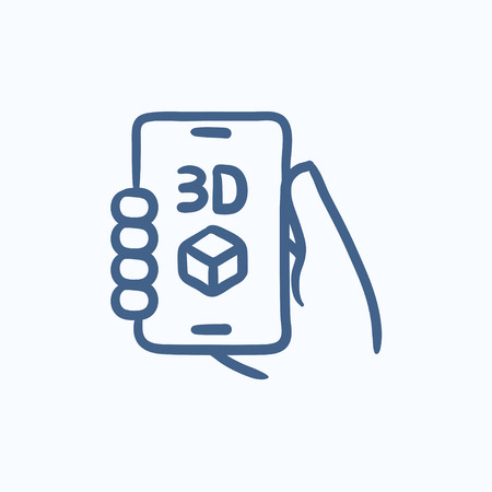 Smartphone with three D box vector sketch icon isolated on background. Hand drawn Smartphone with three D box icon. Smartphone with three D box sketch icon for infographic, website or app.のイラスト素材