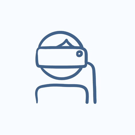 Man in virtual reality headset vector sketch icon isolated on background. Hand drawn Man in virtual reality headset icon. Man in virtual reality headset sketch icon for infographic, website or app.のイラスト素材