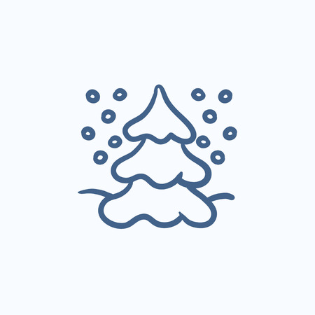 Christmas tree covered with snow vector sketch icon isolated on background. Hand drawn Christmas tree covered with snow icon. Christmas tree sketch icon for infographic, website or app.のイラスト素材