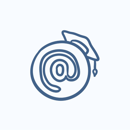 Graduation cap with at sign vector sketch icon isolated on background. Hand drawn Graduation cap with at sign icon. Graduation cap with at sign sketch icon for infographic, website or app.のイラスト素材