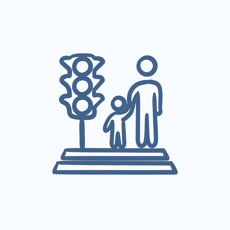 Parent and child crossing street vector sketch icon isolated on background. Hand drawn Parent and child crossing street icon. Parent and child crossing street icon for infographic, website or app.のイラスト素材