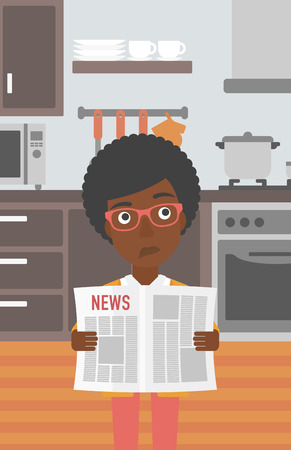 An african-american woman reading the newspaper on the background of kitchen vector flat design illustration. Vertical layout.のイラスト素材