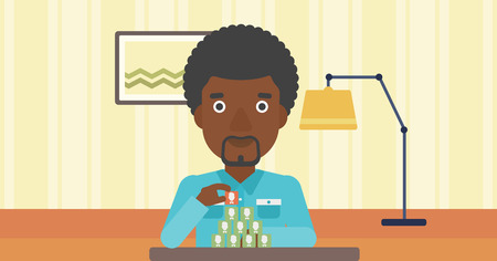 An african-american man making pyramid of avatars on the background of living room vector flat design illustration. Horizontal layout.のイラスト素材