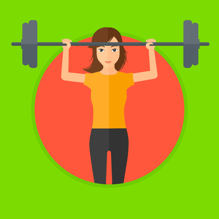 Sporty woman lifting a heavy weight barbell. Sports woman doing exercise with barbell. Female weightlifter holding a barbell. Vector flat design illustration in the circle isolated on background.のイラスト素材