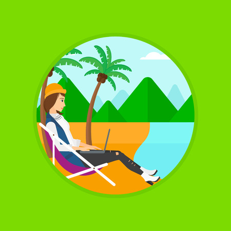 Business woman sitting in chaise lounge and working on a laptop. Woman working on beach. Woman with laptop relaxing on the beach. Vector flat design illustration in the circle isolated on background.のイラスト素材