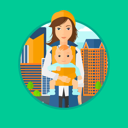 Mother carrying son in sling. Mother with baby in sling walking in the city street. Young mother carrying a newborn in sling. Vector flat design illustration in the circle isolated on background.のイラスト素材
