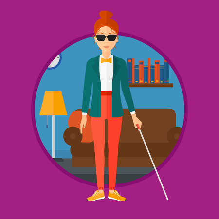 A blind woman in dark glasses standing with walking stick. Young woman with cane standing in the living room. Vector flat design illustration in the circle isolated on background.のイラスト素材