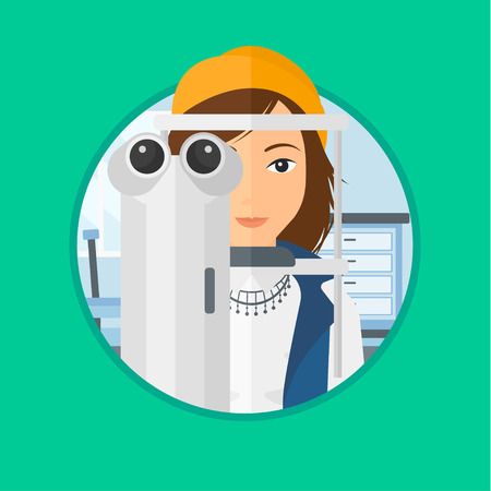 Woman during an eye examination. Woman visiting optometrist. Woman undergoing medical examination at the oculist. Vector flat design illustration in the circle isolated on background.のイラスト素材