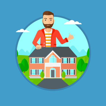 A hipster man standing behind the house and showing thumb up. Real estate agent offering the house. Young man giving thumb up. Vector flat design illustration in the circle isolated on background.のイラスト素材