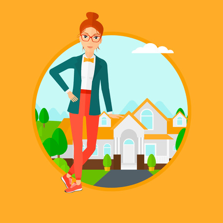 Female real estate agent standing near the house. Real estate agent leaning on the house. Real estate agent offering house. Vector flat design illustration in the circle isolated on background.のイラスト素材