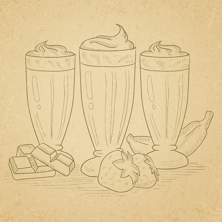 Banana, strawberry and chocolate smoothies. Smoothies hand drawn on old paper vintage background. Smoothies vector sketch illustration.のイラスト素材