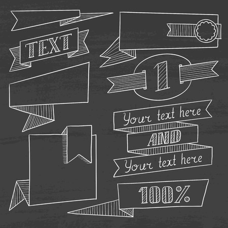 Set of vintage labels, ribbons, frames, banners, and advertisements. Hand drawn in chalk on a blackboard vector sketch illustration.のイラスト素材