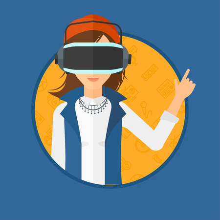 Woman wearing a virtual relaity headset. Woman in a virtual relaity headset pointing a forefinger up while playing video game. Vector flat design illustration in the circle isolated on background.のイラスト素材