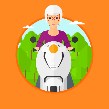 Woman riding a scooter on the asphalt road on the background of forest. Young woman in helmet driving a scooter. Vector flat design illustration in the circle isolated on background..のイラスト素材