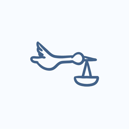 Baby basket with stork vector sketch icon isolated on background. Hand drawn Baby basket with stork icon. Baby basket with stork sketch icon for infographic, website or app.のイラスト素材