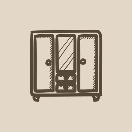 Wardrobe with mirror vector sketch icon isolated on background. Hand drawn Wardrobe with mirror icon. Wardrobe with mirror sketch icon for infographic, website or app.のイラスト素材