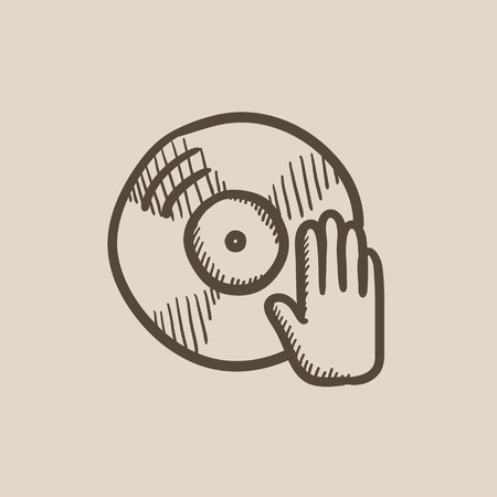 Disc with dj hand vector sketch icon isolated on background. Hand drawn Disc with dj hand icon. Disc with dj hand sketch icon for infographic, website or app.のイラスト素材