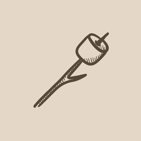 Marshmallow roasted on wooden stick vector sketch icon isolated on background. Hand drawn Marshmallow roasted on stick icon. Marshmallow roasted on stick sketch icon for infographic, website or app.のイラスト素材