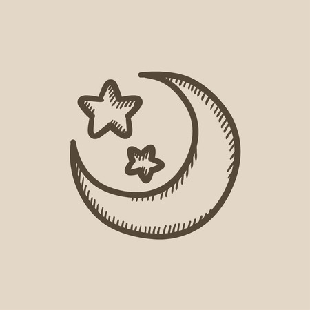 Moon and stars vector sketch icon isolated on background. Hand drawn Moon and stars icon. Moon and stars sketch icon for infographic, website or app.のイラスト素材