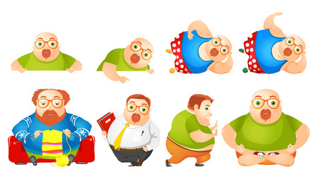 Set of illustrations of cheerful fat man pointing at white blank placard. Plump man knitting, meditating in lotus pose. Fat man wearing business suit. Vector illustration isolated on white background.のイラスト素材