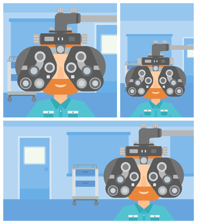 Young hipster man undergoing an eye examination while visiting optometrist at the medical office. Vector flat design Illustration. Square, horizontal, vertical layouts.のイラスト素材