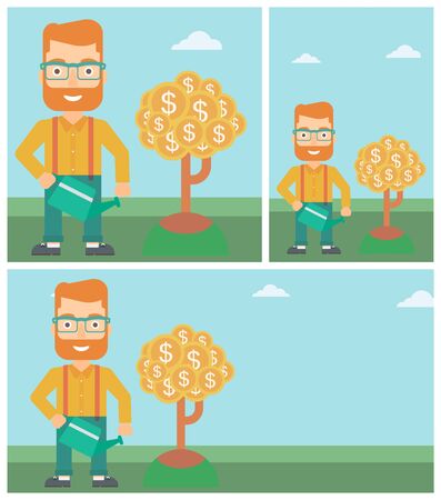 Young hipster businessman with the beard watering a money tree. Successful business concept. Vector flat design illustration. Square, horizontal, vertical layouts.のイラスト素材